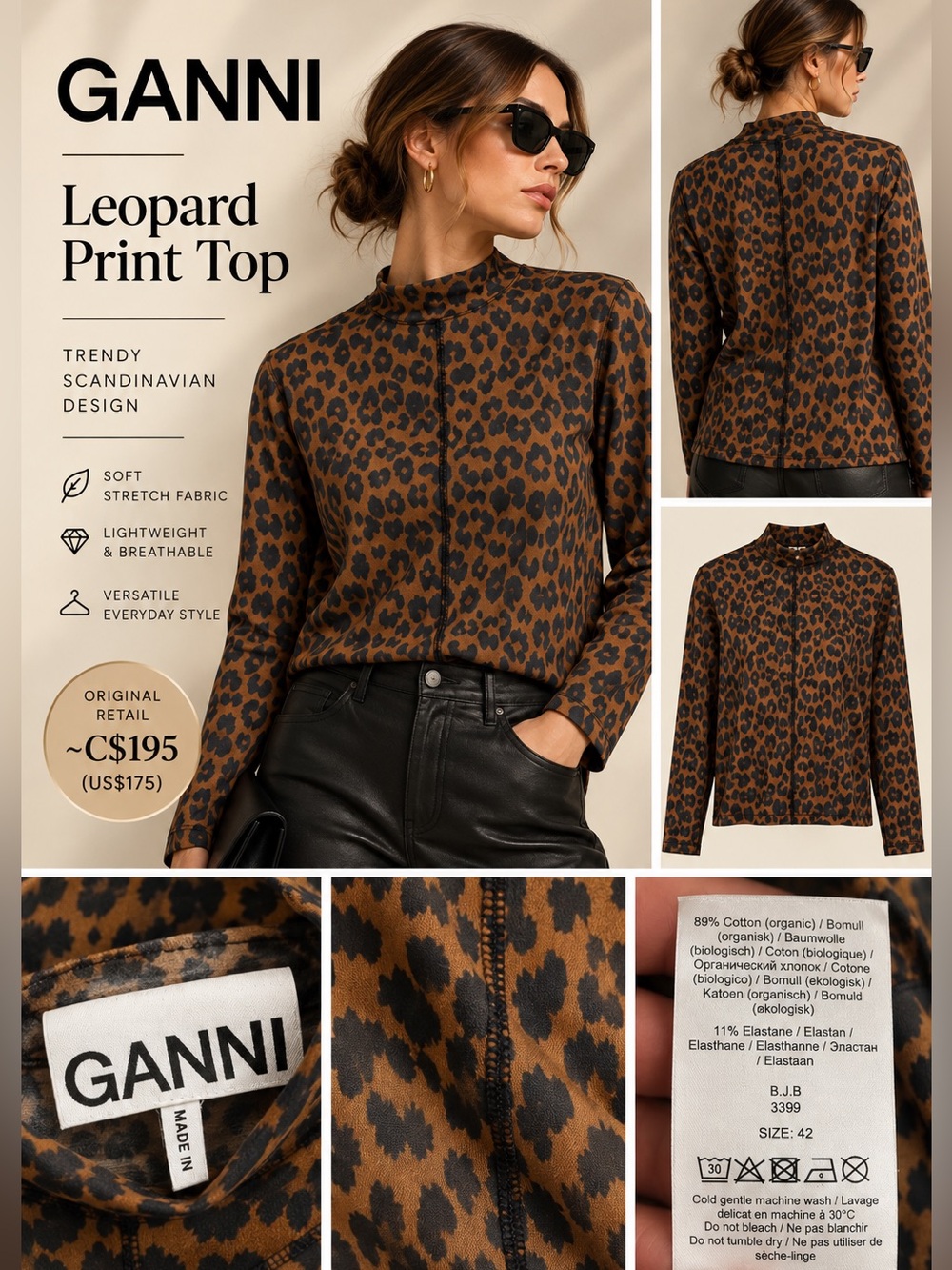 Ganni Leopard Print Long Sleeve Top
